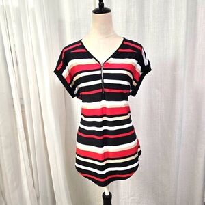 2/$30‎ Roz & Ali Black & Red Striped Short Sleeve Womens Top Size L Casual